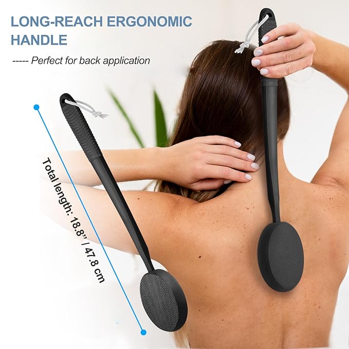 FY&XZH Lotion Applicator for Back, Feet & legs, Long Plastic Handle Moisturizer Cream, Self Tanning, Sunscreen, Ointment, Medicine Back Applicator for Elderly Men or Women with 4 Washable Pads (Dark)