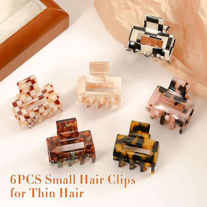 6 PCS Acetate Small Hair Clips for Women, 1.3 Inch Square Tortoise Shell Claw Clips for Thin Fine Short Hair, Durable Hair Claw Clips Leopard Print Hair Accessories for Girls