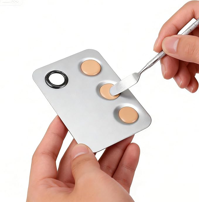 SEUNMUK 6 Pack 6 x 4 Inch Stainless Steel Cosmetic Palette with Spatula, 3-well Mixing Makeup Palette Nail-art Mixer Metal Tray for Foundation, Pigment, Nail Polish Blending, Silver
