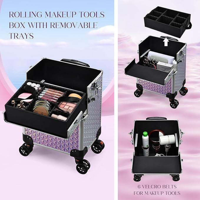 5 in 1 Rolling Makeup Case, Cosmetology Case on Wheels Travel Make up Train Case Nail Cart Makeup Organizer Cosmetic Storage Box Cases Extra Large Trolley Truck with 360° Swivel Wheels, Pink