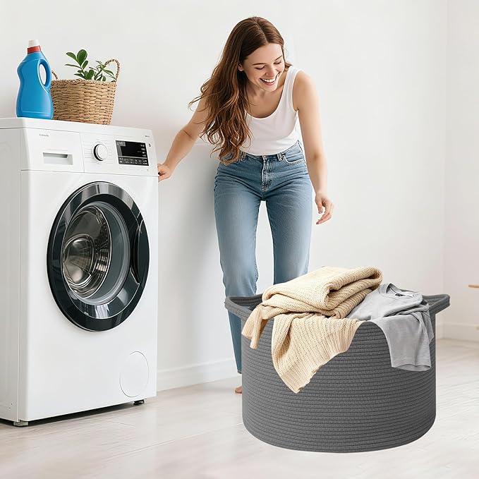 115L Large Blanket Basket,23.6" L x 23.6" W x 15.7" H Rope Woven Baskets with Handles, Toys Storage Bins,Laundry Basket Perfect for Living Room, Nursery,Bedroom,Home Organization,Dark Gry