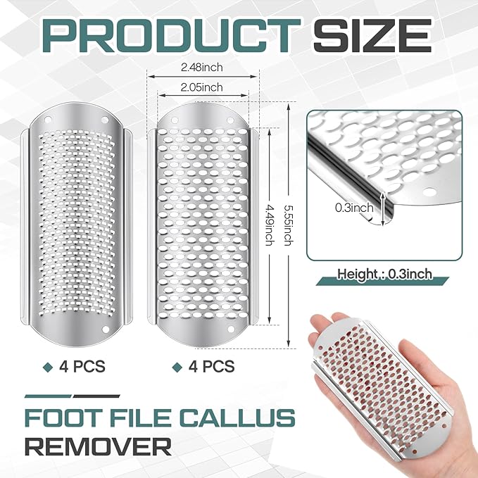 Moxweyeni 8 Pack Silver Foot File Callus Remover Replacement Blades Metal File Callus Remover Hard Skin Remove Stainless Steel 2 Designs Big/fine Hole for Detachable Foot Scrubber