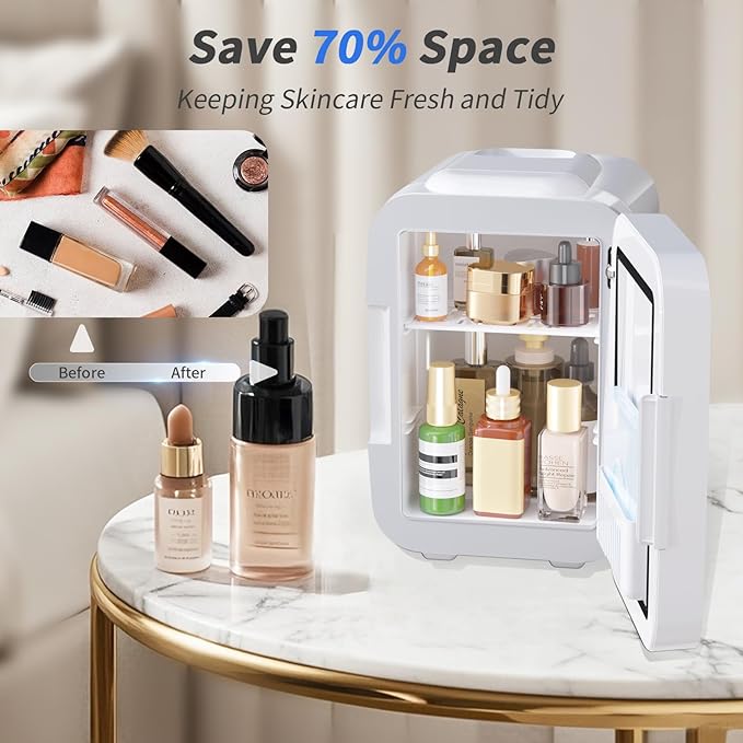 Skincare Fridge Mini Fridge for Bedroom with Dimmable LED Mirror, 4Liter/6 Cans Cooler and Warmer for Makeup, Cosmetic, Beauty, Portable Refrigerator for Bedroom, Vanity, Office and Car- White
