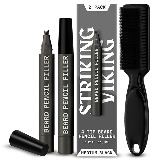 Striking Viking Beard Filler Pencil - Pack of 2, Medium Black, 4-Tip - Gap Contouring with Beard Shaper - Sweatproof Waterproof Touch-Ups with Barber Brush - Comb for Men & Mustache Brush Kit