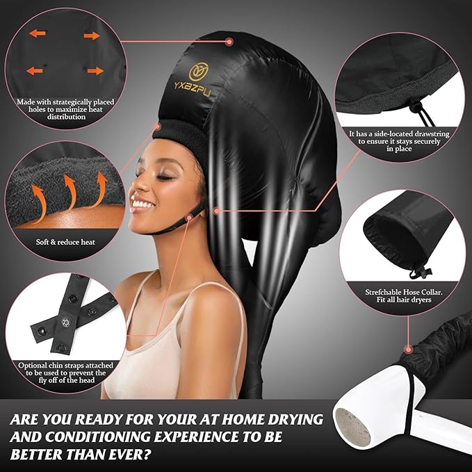 Bonnet Hair Dryer,Hooded Dryer Attachment,Hair Dryer Hooded Diffuser Cap for Curly,Speeds Up Drying Time,Safety Deep Conditioning,Styling,Curling at Home(Black)