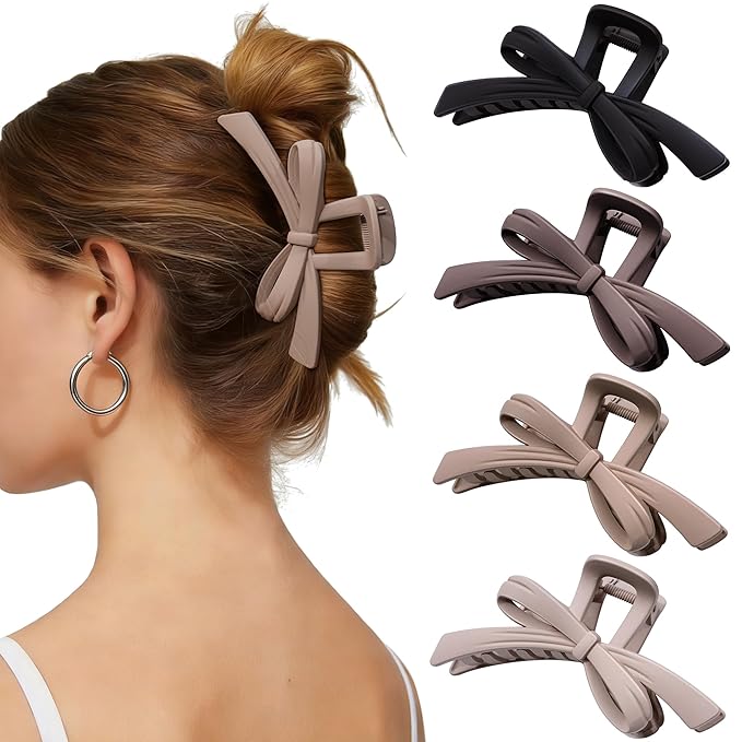Mesovor 4 Pack Cute Bow Claw Clips, Nonslip 4.92" Large Matte Strong Hold Bows Hair Clips for Thin and Thick Hair | Chic Hairclips for Holidays or Everyday Hairstyle (Neutral Matte)