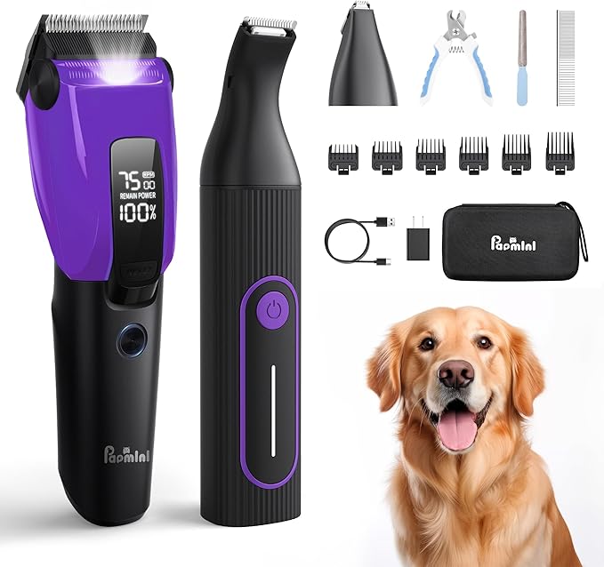 Dog & Cat Grooming Kit for Thick Coats, Heavy Duty Rechargeable Trimmer with LED Display & Storage Bag (Purple, 2 in 1)