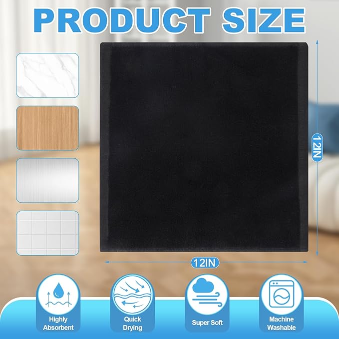 6 Pack Microfiber Wash Cloth, 12x12 Inch Highly Absorbent and Soft Feel Fingertip Towels, Machine Washable Washcloths for Bathroom, Gym, Hotel, Spa and Kitchen, Black