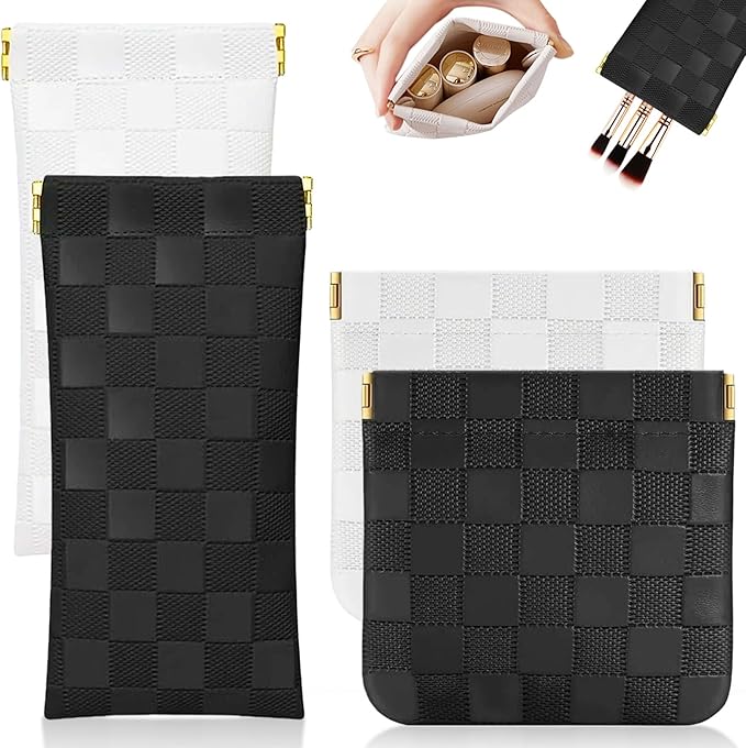 4Pcs Small Makeup Bag for Purse, Mini Checkered Leather Purse Pouches for Purse Small Makeup Pouch Small Coin Purse Organizer Pouches, Portable No Zipper Pocket Cosmetic Bag for Women (White, Black)