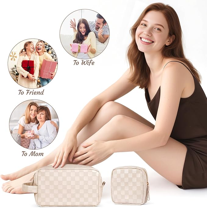 MAGEFY Small Makeup Bag for Purse, Checkered Makeup Bag Small Pouches for purse Leather Mini Make Up Bag Cute Cosmetic Bag for Women with Slip-in Pockets.Beige