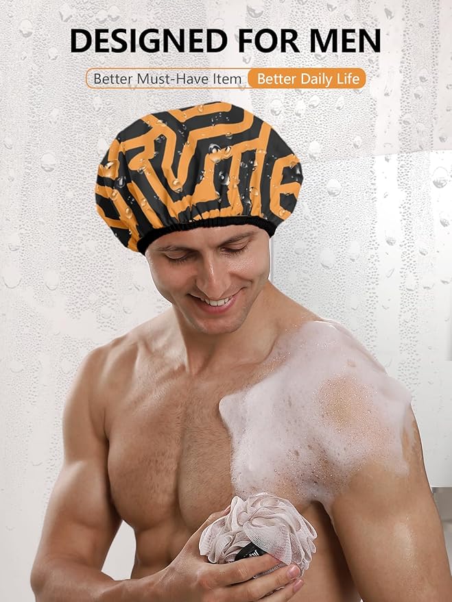 Years calm Men Shower Cap Reusable Waterproof, Dual-Layer Design, Double-Sided Use, Protects Hair in Shower, Spa, Travel & Cooking, Adjustable Elastic for Comfortable Fit (Orange Striped, One Size)
