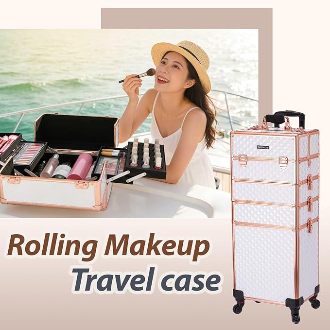 TOPACK Professional 4-In-1 Rolling Makeup Train Case, Large Makeup Travel Case with Key Shoulder Strap/Handle Cushion I Makeup Train Case Organizer I Cosmetology Case on Wheels（White Glod）