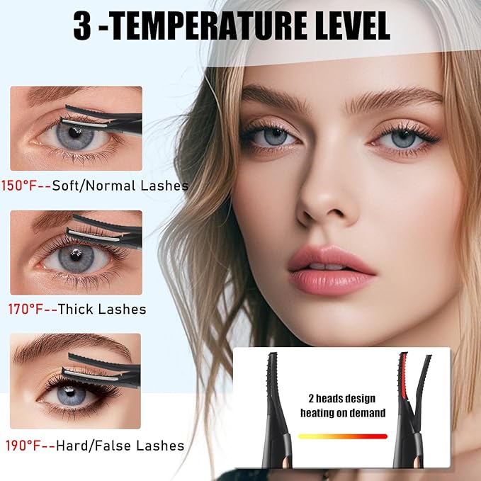 Heated Eyelash Curlers - 2 in 1 Clip- Type Heated lash Curler Best Seller Electric Eyelash Curler LED Display 3 Temp Settings for Makeup Tools USB Rechargeable Natural Curling 24H Long Lasting 4A