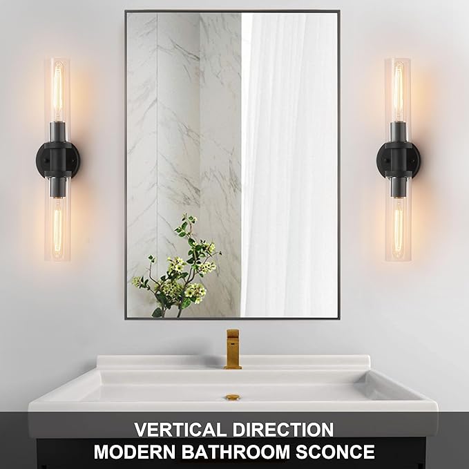 Wall Sconces Set of Two,Matte Black Bathroom Sconces Wall Lighting with Clear Glass, Modern Sconces Wall Decor Set of 2 Wall Light fixtures for Bathroom Mirror Living Room Hallway Bedroom Wall Lamp