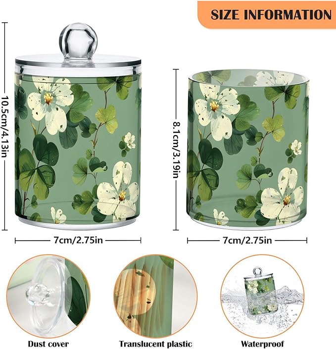 2 Pack Qtip Holder Dispenser for Cotton Ball White Flower Green Leaves Swab Cotton Round Pads Clear Plastic Acrylic Jar Set Bathroom Canister