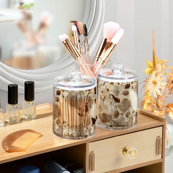 2 Pack Beige and Brown Marble Print Apothecary Jars with Lid, 10 Oz Clear Plastic Apothecary Jar Set Qtip Holder Storage Containers for Cotton Ball Swabs Bathroom Vanity