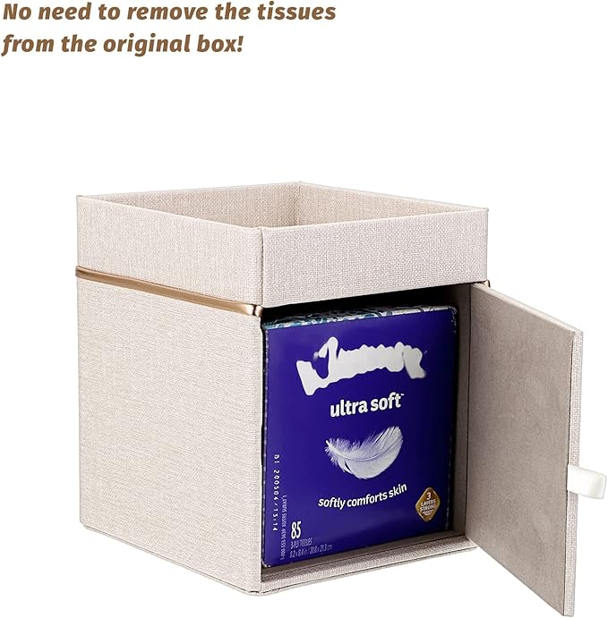 Sumnacon Linen Square Tissue Box Cover - Decorative Cube Tissue Box Holder with Tray, Stylish Tissue Box for Bathroom Toilet Tank Vanity Dresser Table Office Bar Restaurant, Beige