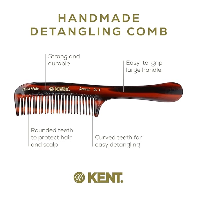 Kent 21T Large Detangling Comb, Double Wide Tooth for Curly Wavy Hair, Detangler Comb for Wet and Dry Hair, Saw-Cut and Hand Polished Made in England
