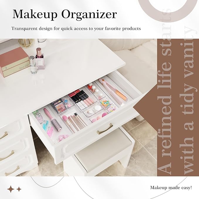 Criusia 14 PCS Clear Plastic Drawer Organizer Set - 5 Large Size Versatile Kitchen and Bathroom Organizer Trays, Non-Slip Storage Bins for Makeup, Utensils, Tool and Office Desk