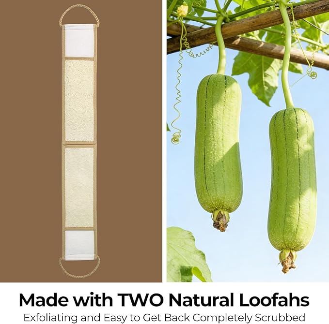 Natural Loofah Back Scrubber, Double-Sided Exfoliating Body Scrubber with Handy Strap for Deep Cleaning, Durable Bath Shower Luffa Sponges for Men and Women (Brown)
