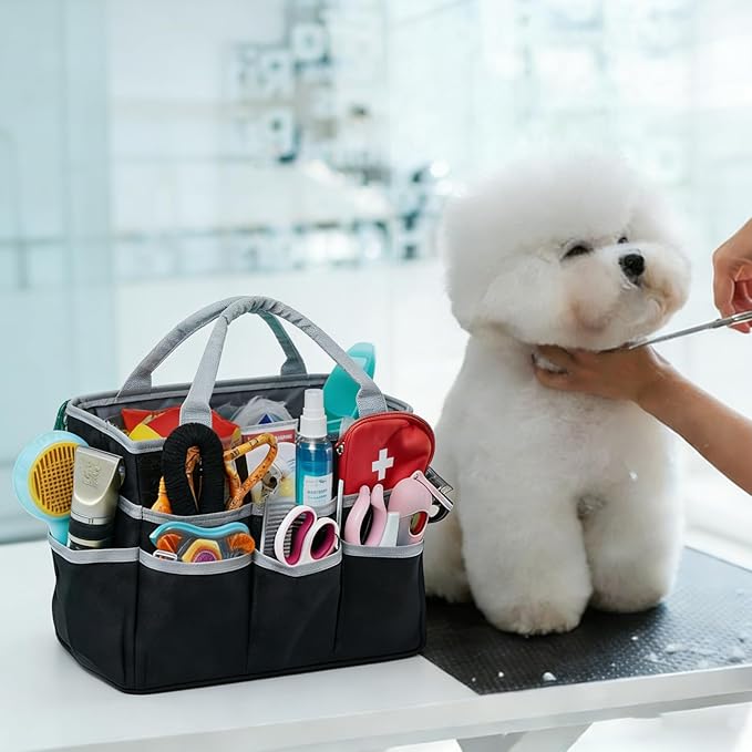 Dog Grooming Organizer Bag with 10 Pockets, 600D Oxford Portable Tote for Pet Supplies Storage, Travel Grooming Kit for Dog Cat Accessories, Shampoo, Brush, Clipper, Lightweight & Durable