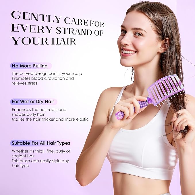 Bsisme Hair Brush with Hair Clips, Professional Curved Vent Hairbrush for Faster Blow Drying, Detangler Brush for Women Girls Wet Dry Curly Thick Fine Hair, Remove Knots & Reduces Breakage