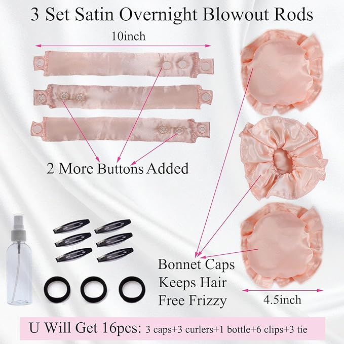 3 Sets Overnight Heatless Curls Blowout Rods Silk Hair Curlers to Sleep in Satin Heatless Curling Set Zero Heat Bun Bons with Bonnet Cap No Heat Headband Roller Wrapper FPink