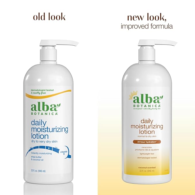 Alba Botanica Daily Moisturizing Lotion, Dry to Very Dry Skin, with Shea Butter and Coconut Oil, 32 Oz (Packaging May Vary)