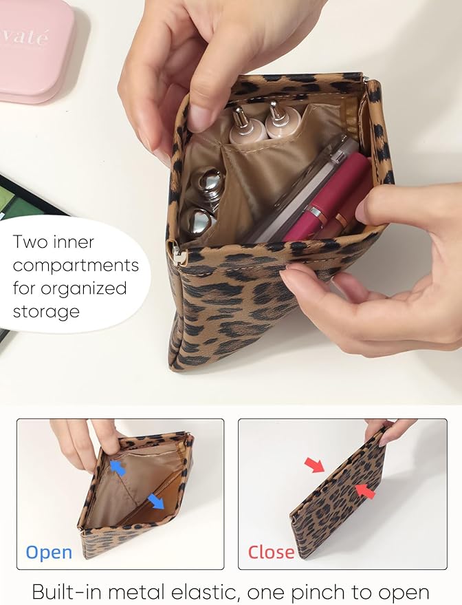 2 Leopard Leather Small Makeup Pouches Set for Women,Cosmetic Accessories,Waterproof and Portable Cosmetic Bags,Self-closing,No Zipper, Aesthetic Storage Pouch,Lipstick for Purse, Brown