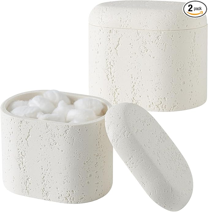 Bathroom Qtip Holder Container, 2-Pack, Travertine Stone Look Storage Jars for Cotton Swabs, Jewelry, Floss Picks, Bathroom Essentials Decor Restroom Vanity Decor (White)