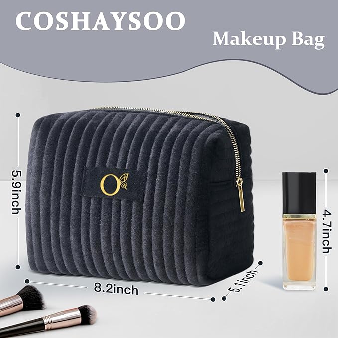 COSHAYSOO Travel Makeup Bag Quilted Make Up Pouch Initial Velvet Cosmetic Case with Butterfly Decor for Young Women 18 19 20 21 22 23 24 25 26 27 28 29 30 40 50 Year Old Birthday Gifts Black Letter O