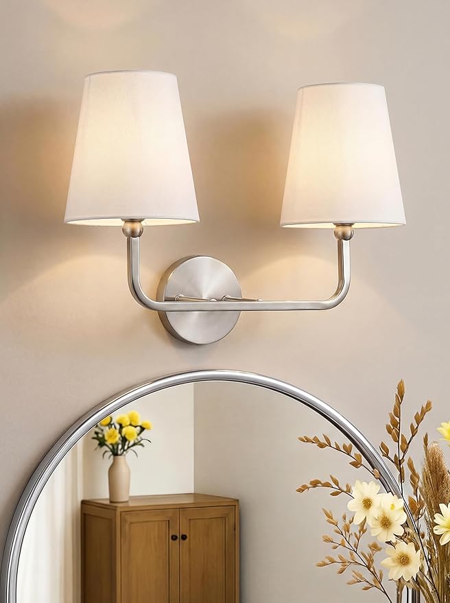 2-Light Bathroom Light Fixtures, Brushed Nickel Vanity Lights, Double Wall Sconce with Flared White Fabric Shade, Modern Sconces Wall Lighting for Hallway Bedroom Stairway, VL837-BN-2-S
