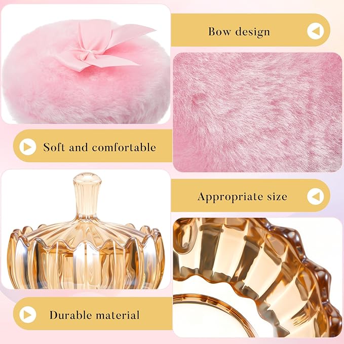 Tioncy 3 Pcs Large Body Powder Puff and Container Valentine's Day gift Powder Container with Puff Crystal Case Soft Washable Reusable Velour Face Body Glitter Wet Dry Makeup(Scalloped,Amber)