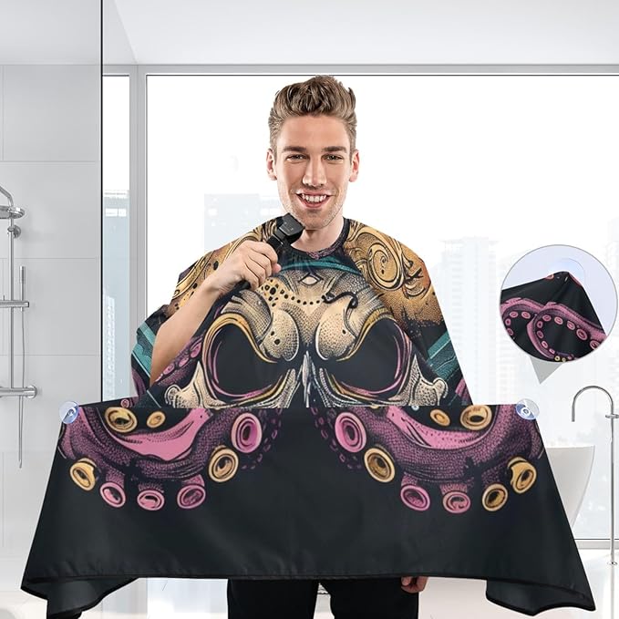 Hair Cutting Cape, Pctopus Skull Pirate Waterproof Salon Barber Apron Cape with Adjustable Neck, Beard Shaving Bib for Men Women Kids, 55x65 Inch