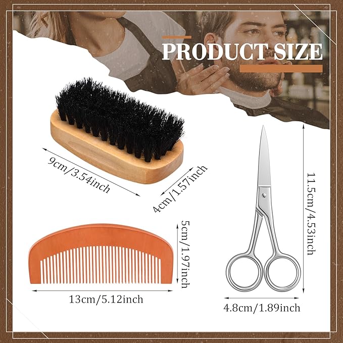 Zubebe 20 Sets Beard Brush and Comb Set for Men, Boar Bristle Brush, Wood Mustache Comb and Beard Trimming Scissors with Travel Pouch, Beard and Mustache Grooming Kit for Beard Care Valentine GIft