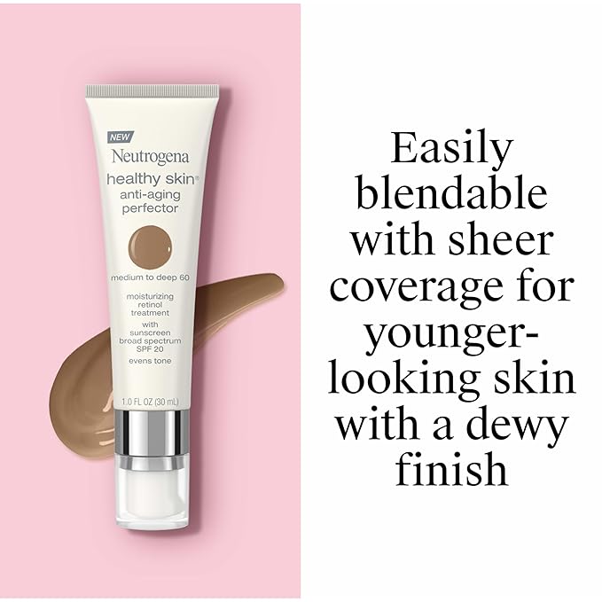 Neutrogena Healthy Skin Anti-Aging Perfector Tinted Facial Moisturizer and Retinol Treatment with Broad Spectrum SPF 20 Sunscreen with Titanium Dioxide, 60 Medium to Deep, 1 fl. oz