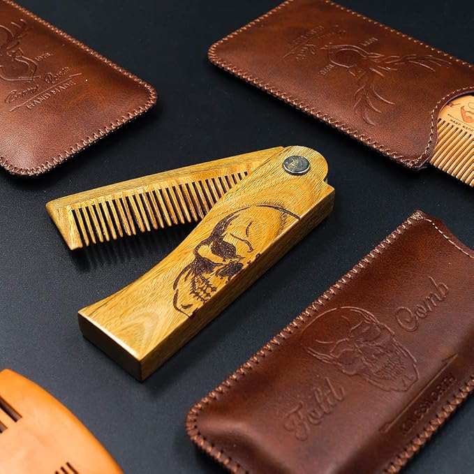 Men's Pocket Folding Wooden Beard Comb with Leather Travel Case,Green Sandalwood Hair Combs Set for Men (Skeleton)