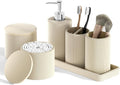 6-Piece Beige Bathroom Set - Mesh Textured Resin Bathroom Accessories Set with Soap Dispenser, Toothbrush Holder, Cup, Vanity Tray & Apothecary Jars for Small Spaces