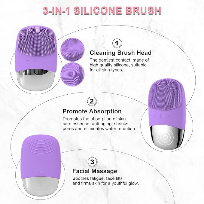 MEGAN Facial Cleansing Brush,USB Rechargeble Electric Silicone Face Scrubber,IPX7 Waterproof Sonic Facial Massager, 3 in 1 face Brush for Deep Cleanning, Blackhead Remover, Exfoliating. (Purple)
