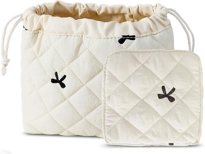 HAPPYHEIDI Quilted Nylon Drawstring Makeup Bag Set 2 Compartment Cosmetic Toiletry Travel Pouch, Purse Organizer, Creamy White Embroidery Bow