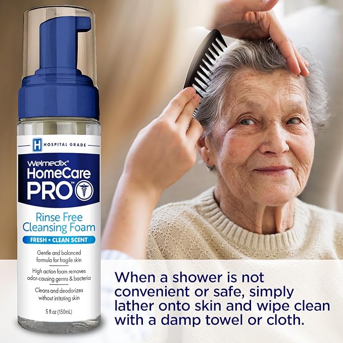 Welmedix HomeCare PRO No Rinse Body Wash Cleansing Foam, easier cleansing for caregivers managing incontinence, pressure ulcers, bedsores + use with adult wipes, disposable washcloth (5oz)