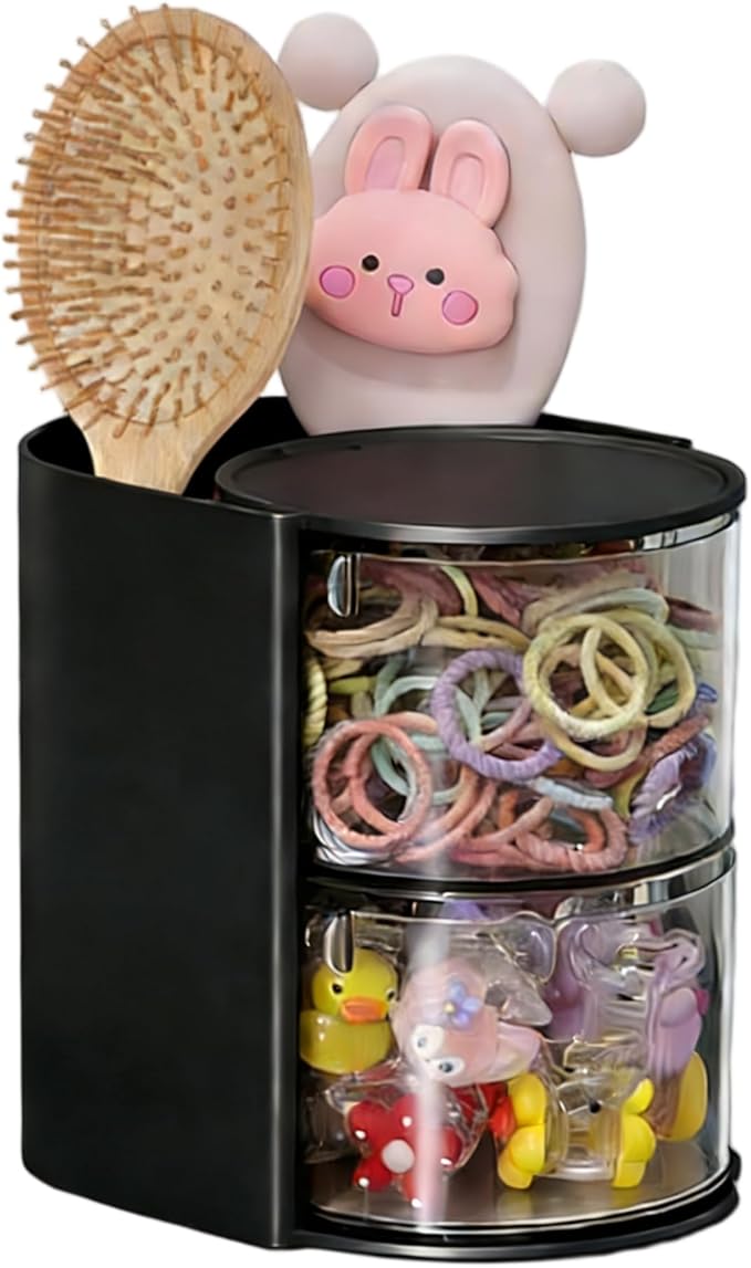 Hair Accessories Organizer with Hair Brush Holder, Rotatable Makeup Brush Holder for Necklaces, Earring, Bracelet, Ring, Makeup Brushes, Hair Clip and Hair Accessories (Black, 2-Layer)