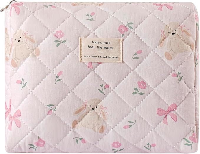 uekeboag Quilted Cotton Makeup Bag,Coquette Quilted Toiletry Bag for Women and Girls,Floral Coquette Pouch,Cute Kawaii Travel Cosmetic Bags(Rabbit and Bow)