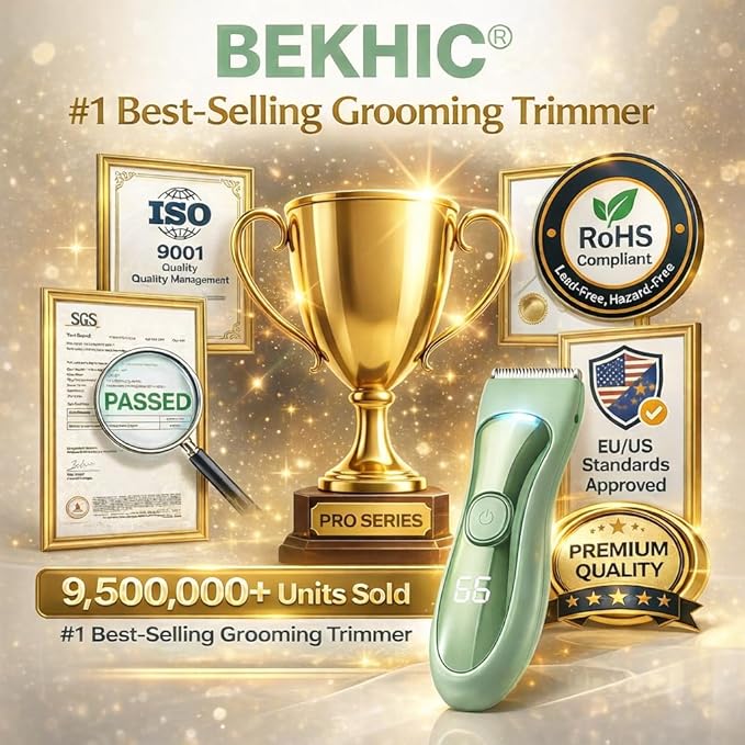 Bekhic® Bikini & Manscape Body Hair Trimmer for Men & Women – Cordless Electric Groin Shaver with No-Nick Ceramic Blade – IPX7 Waterproof Wet/Dry Pubic Groomer with LED Light for Sensitive Skin