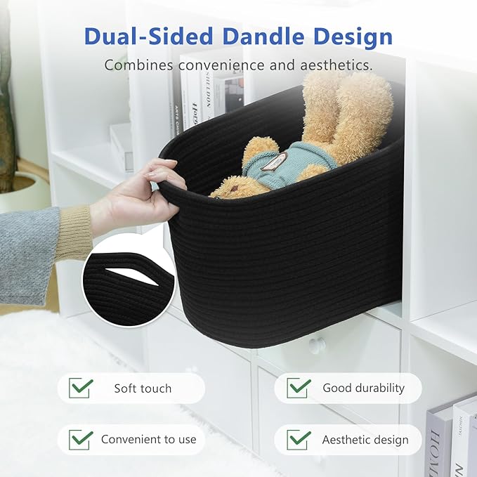 Cotton Rope Storage Basket, 15x10x9 Inches, Woven Basket for Shelves, Clothes, Towels, Books, and Laundry, Black (2 Pack)