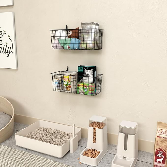 2 Sets Extra Large Hanging Wall Basket, Black Metal Wire Baskets with Steel Hooks for Organizing, WallmountedFruit Vegetable Toy Snack Storage, Home Kitchen Bathroom Laundry Pantry Organizer