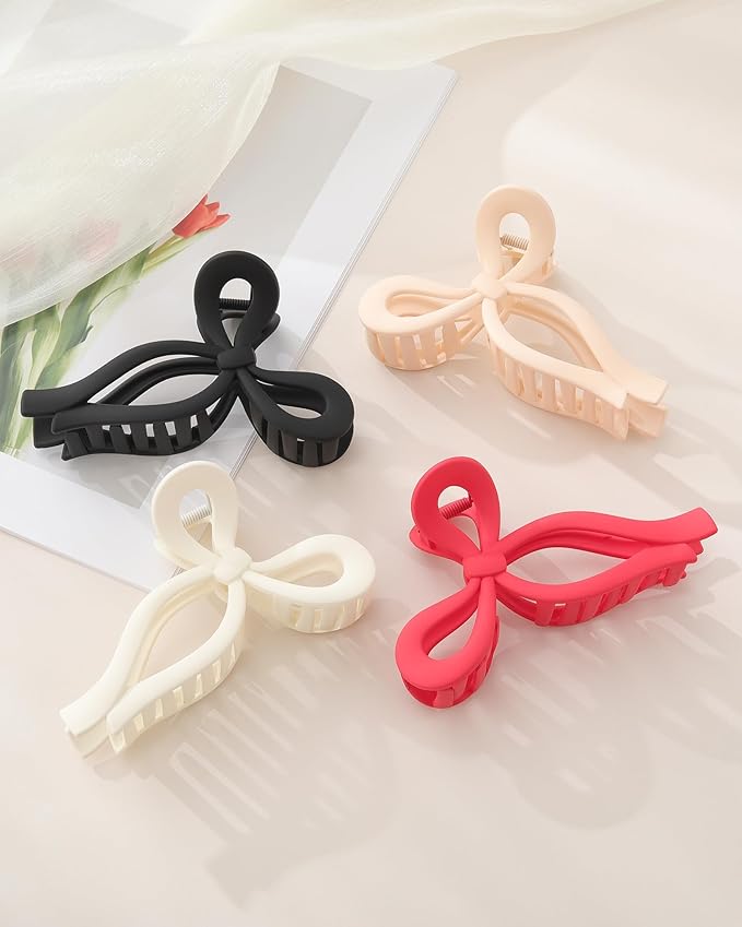 4 PCS Bow Hair Clips Bow Claw Clip for Women Nonslip Large Hair Claw Clips for Thin and Thick Hair Strong Hold Hair Bows (Purple+Rose red+Orange+Light brown)
