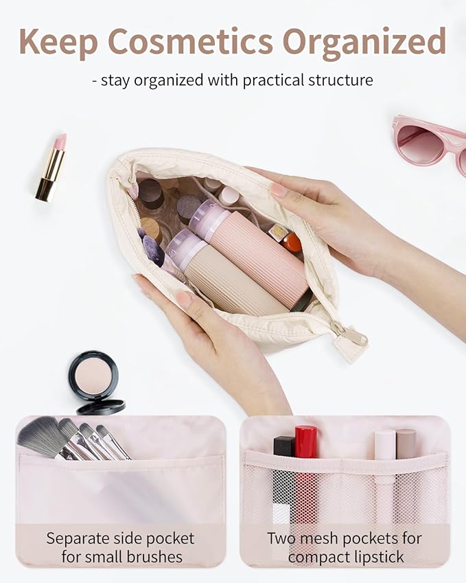 Narwey Small Travel Makeup Bag for Women Girl, Puffer Cute Make Up Organizer Bags, Puffy Cosmetic Bag Travel Toiletry Bag for Toiletries (Beige)