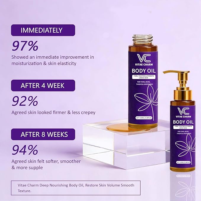 Vitae Charm Body Oil for Crepey Skin Repair, Luxury Cold-Pressed Body Oil for Skin Tightening & Deep Hydration, Blend of Jojoba, Almond & Coconut Oil for Smooth Skin, 3.4 fl oz