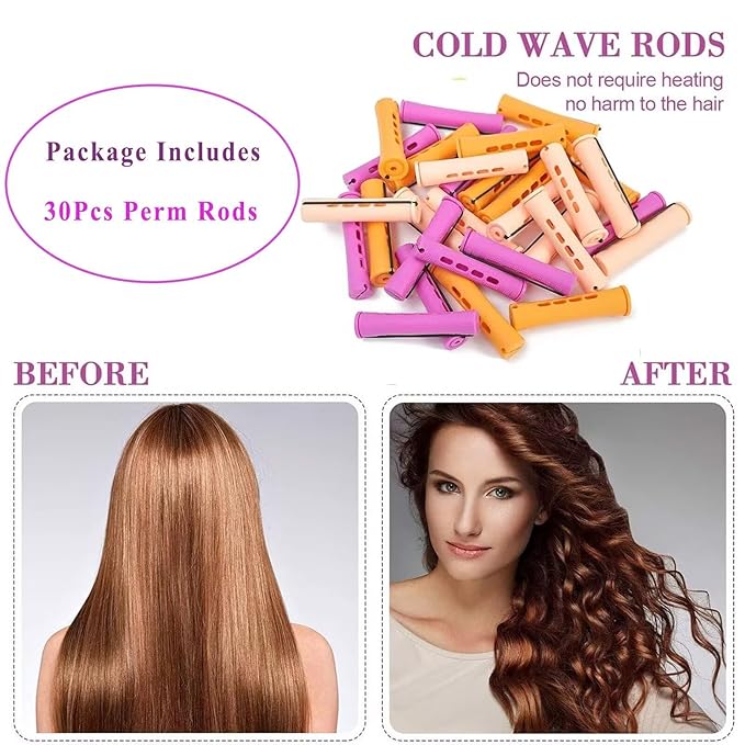 30Pcs Hair Perm Rods Set, 3 Sizes Plastic Hair Cold Wave Rods, Heatless Perming Rods Hair Curlers for Long Short Natural Hair DIY Hairdressing Styling Tools(Purple+Yellow+Orange)